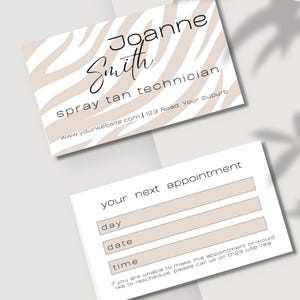 Bewerkbare sjabloon voor spraytan-afspraakherinnering, afdrukbare kaarten voor volgende boeking, aangepaste zakelijke sjablonen Kapsalons en spa's.