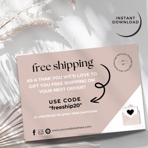 Tarjeta de envío gratis para pedidos repetidos, folleto de agradecimiento para paquetes, plantilla de Canva para pequeñas empresas, tarjeta de embalaje editable, folleto para paquetes