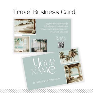May include: Two-sided travel business card design with a light teal background. The card features images of beach scenes and palm trees. Text includes "Travel Business Card", "Your Name", and contact information.