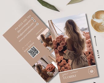 Boho Florist Business Card Template, Photo & QR Code, DIY Canva Design