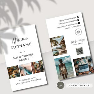 Puede incluir: Dos tarjetas de visita blancas con imágenes de viajes. Una tarjeta presenta "Nombre, Apellido, Agente de Viajes Solo" y "Viajes a medida para recuerdos inolvidables". La otra tarjeta incluye información de contacto y un código QR.