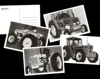 Set of postcards, Tractor, Riso printing, Black and White