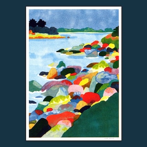 Risographie; Trégastel, Bucht von Kervalos, Rosa Granitküste, Bretagne, Illustration, Druck A4