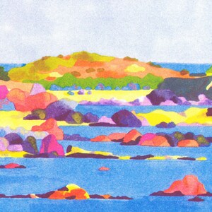 Plage bretonne, Finistère, impression riso format A3, paysage, mer, maison, sentier côtier image 3
