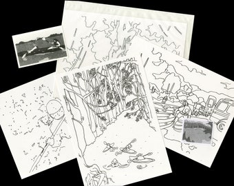 Pocket of four coloring pages, Kayak theme, riso printing