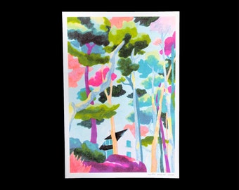 Brittany, Douarnenez, A5 print, riso print, house, tree, seaside