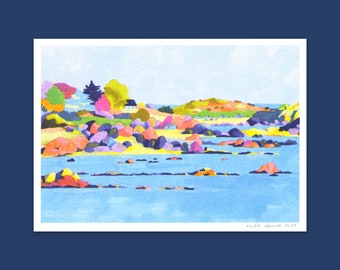 Plage bretonne, Finistère, impression riso format A5, paysage, mer, maison