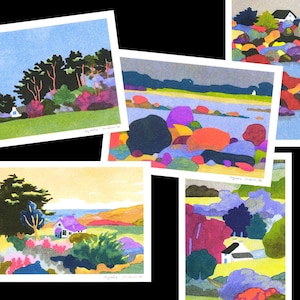 May include: Five art prints showcasing landscape scenes. Each print depicts houses, trees, and water, rendered in a vibrant palette. The artworks use blues, greens, purples, and oranges, creating a lively and artistic aesthetic. The prints are framed.