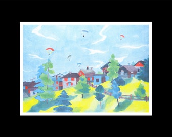 Paragliders, Mountains, Peisey Vallandry, Alps, riso print, A4 format