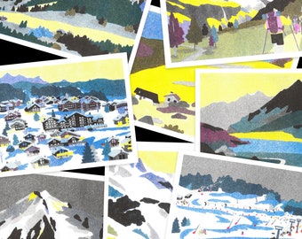 Mountain postcards, Peisey-Nancroix Valley, Vanoise, Alps, Ski, Riso printing