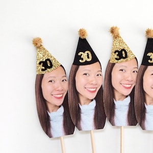 Personalised Face Cake Topper/ Gold Number Topper/ Cupcake Topper/ 21st 30th 40th 50th 60th 70th 80th 90th Birthday / Black & Gold Topper