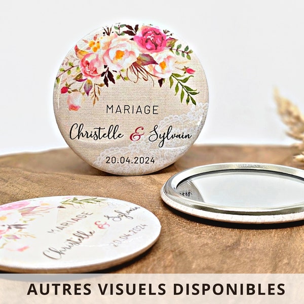 Miroir de poche décapsuleur magnet bougie sel rose fiole huile d'olive / Cadeau invité mariage personnalisé / Idée originale femme homme