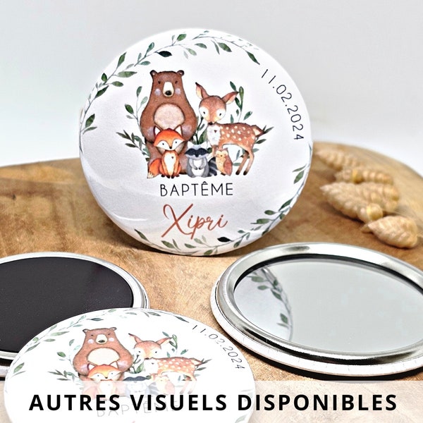 Magnet miroir décapsuleur badge bougie boîte dragées sel rose huile d'olive / Baptême cadeau invités personnalisé / Jungle Forêt arc en ciel