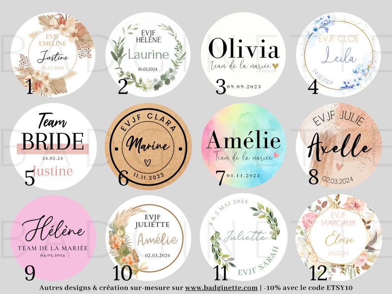 Puede incluir: Doce pegatinas redondas con diferentes dise&ntilde;os y textos. Cada pegatina presenta un dise&ntilde;o floral o bot&aacute;nico con un nombre y una fecha. El texto incluye "EVJF", "Team Bride", "Team de la mari&eacute;e" y "Am&eacute;lie".