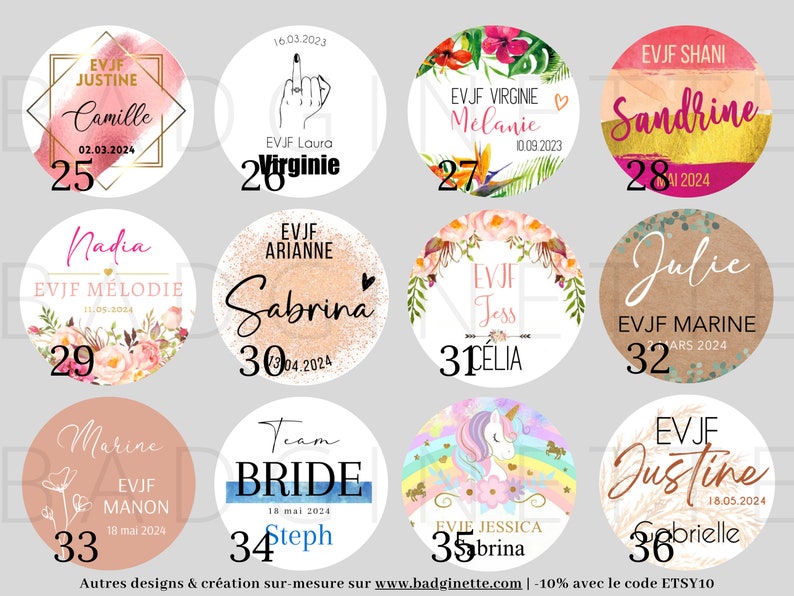 Puede incluir: Treinta y seis pegatinas redondas con diferentes dise&ntilde;os y nombres. Cada pegatina tiene un n&uacute;mero del 25 al 36. Las pegatinas presentan dise&ntilde;os florales, un unicornio, una mano haciendo el dedo medio y un tema de boda.