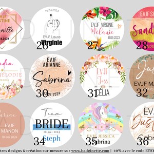 May include: Thirty-six round stickers with different designs and names. Each sticker has a number from 25 to 36. The stickers feature floral designs, a unicorn, a bride, and a middle finger.