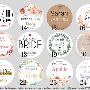 Puede incluir: Un conjunto de 24 pegatinas redondas con dise&ntilde;os florales y texto. Las pegatinas presentan varios nombres y fechas, incluyendo "EVJF", "Team Bride" y "Sarah".