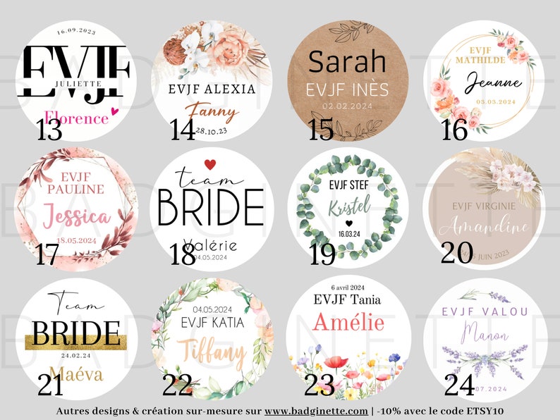 Puede incluir: Un conjunto de 24 pegatinas redondas con dise&ntilde;os florales y texto. Las pegatinas presentan varios nombres y fechas, incluyendo "EVJF", "Team Bride" y "Sarah".