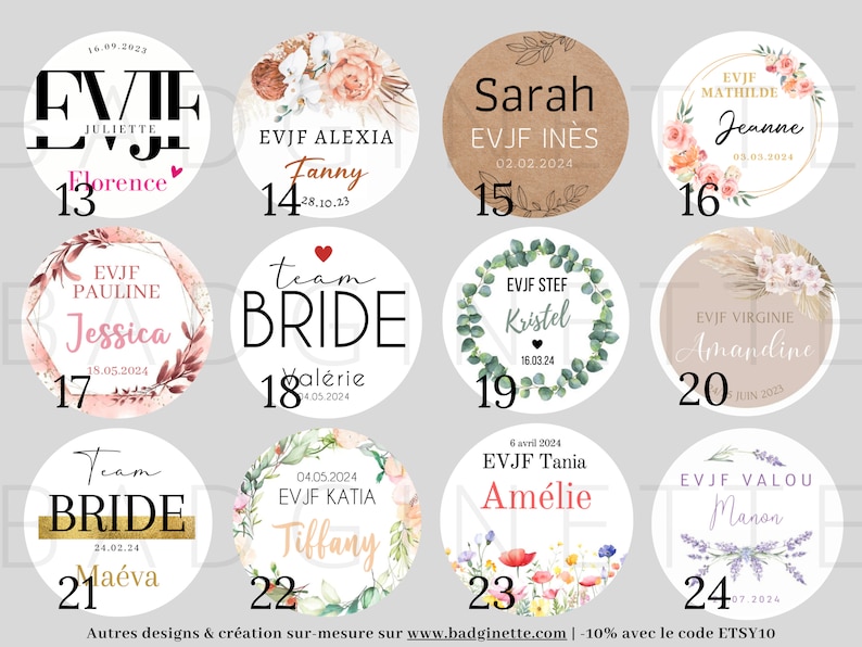 May include: A set of 24 round stickers with floral designs and text. The stickers feature various floral patterns, including pink roses, white orchids, and green leaves. The text on the stickers includes names, dates, and the phrase "Team Bride".