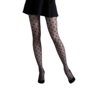 May include: Black sheer tights with a small heart pattern.