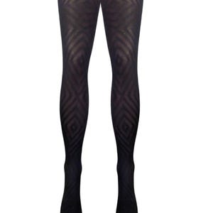 May include: Black sheer tights with a geometric diamond pattern.