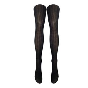 May include: Black patterned tights with a geometric design.