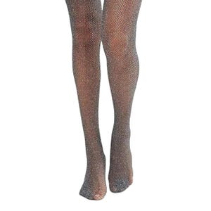 May include: Silver glitter fishnet tights. The tights are sheer and have a sparkly finish.
