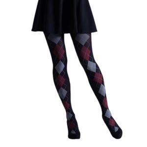 May include: Black tights with a red and grey argyle pattern.