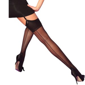 May include: Black sheer stockings with a seam running up the back of the leg. The stockings are held up by a black garter belt.