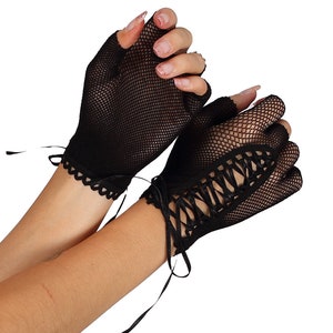 Fishnet Lace Up Gloves Black