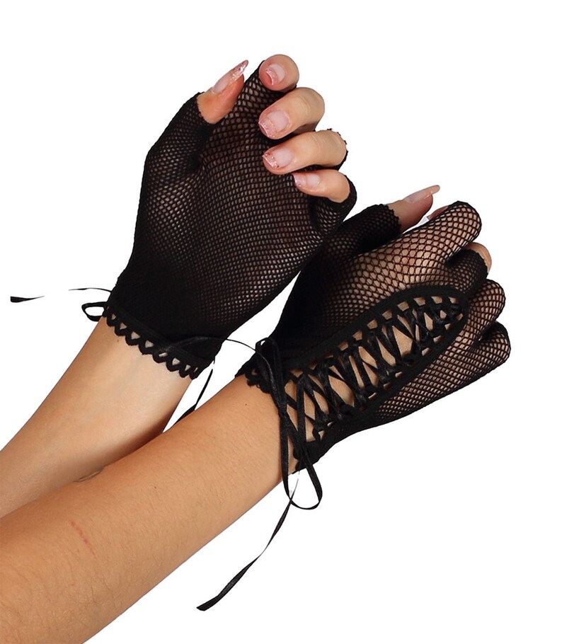 Fishnet Lace Up Gloves Black