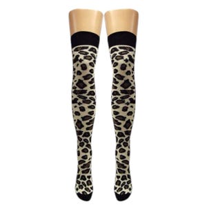 May include: A pair of black and brown leopard print thigh-high socks with a black band at the top.