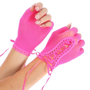 Fishnet Lace Up Gloves Neon Pink