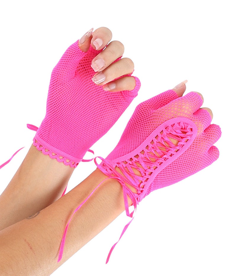 Fishnet Lace Up Gloves Neon Pink
