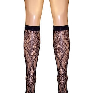 May include: Black lace knee-high socks with a delicate floral pattern.