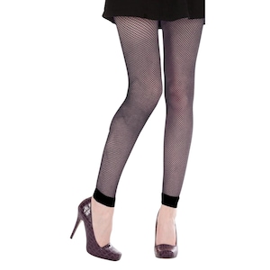 May include: Black fishnet leggings with a wide diamond pattern. The leggings have a black band at the bottom of each leg.