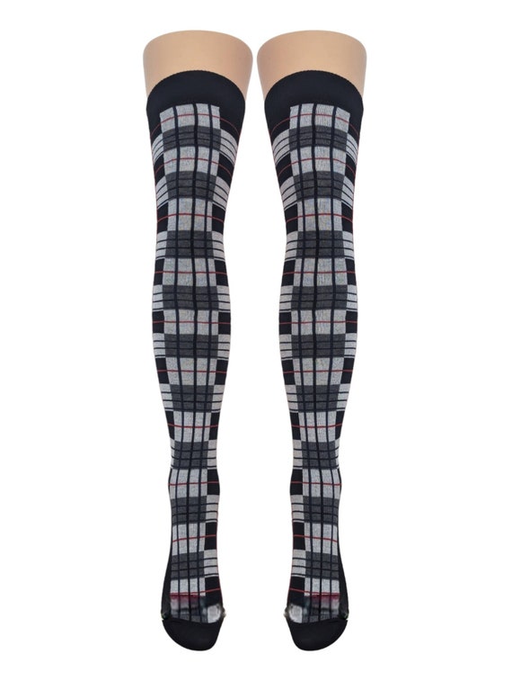 Tartan Long Over The Knee Socks-Fancy Dress Party Girls Ladies Red/Blue/Pink UK