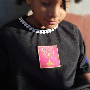 Hot Pink 7 Branch Menorah Patch Iron-on Menorah Sew-on Hebrew Israelite Pink Gold Metallic Seven Branch Menorah Patch 2.5" Square