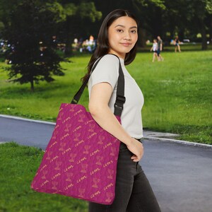 Pink and Gold Ancient Paleo Hebrew Israelite Seven 7 Branch Menorah All Over Print 2 Sizes Adjustable Tote Bag