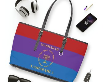 Masharah Yasharahla Tote 7 Branch Menorah Purse Temple Colors Flag  PU Leather Shoulder Bag Purse 16in x10in or  17in X11In
