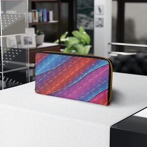 Yasharahla Israel Multi Color Rojo Púrpura Azul Siete 7 Rama Menorah Antiguo Paleo Hebreo Israelita Cremallera Cartera de Cuero Sintético