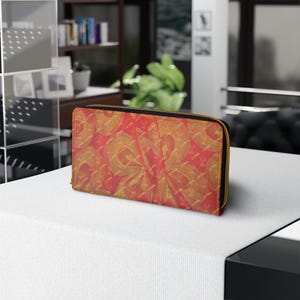 Mariposa abstracta rojo amarillo y oro Yasharahla Israel Siete 7 Rama Menorah Antiguo Paleo Hebreo Israelita Cremallera Cartera de cuero sintético