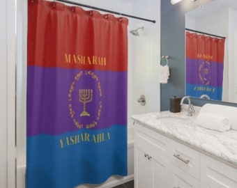Masharah Yasharahla Shower Curtain 7 Seven Branch Menorah Hebrew Israelite Yisrael Isarel Temple Colors Full Flag 71x74 in