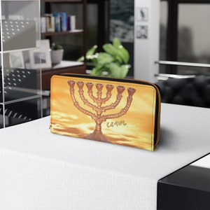 Cartera con cremallera Menorah de oro Cartera Menorah de 7 ramas Cartera Yasharahla Cartera Israel Cartera con cremallera israelita paleo hebrea antigua