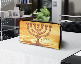Gold Menorah Zipper Wallet 7 Seven Branch Menorah Yasharahla Israel Ancient Paleo Hebrew Israelite