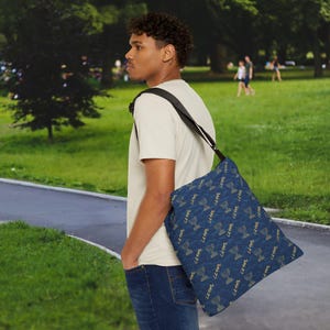 Blue and Gold Ancient Paleo Hebrew Israelite Seven 7 Branch Menorah All Over Print 2 Sizes Adjustable Tote Bag Biblical