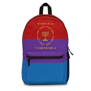 May include: A red, purple, and blue backpack with a gold menorah and Hebrew text that reads "MASHARAH" and "YASHARAHLA".