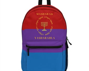 Masharah Yasharahla Large Backpack Masharah Yasharahla Book Bag 7 Branch Menorah Temple Colors Back pack Ancient Hebrew Israelite Bookbag