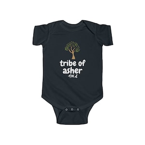 May include: A dark blue baby onesie with a white tree and the text "tribe of asher 4W4".
