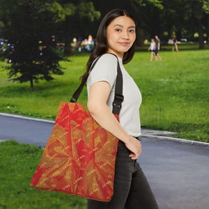 Abstract Butterfly Red Yellow Gold Ancient Paleo Hebrew Israelite Seven 7 Branch Menorah All Over Print 2 Sizes Tote Bag